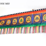 foulard ethnique motifs traditionnels franges colorées bleu vert orange jaune