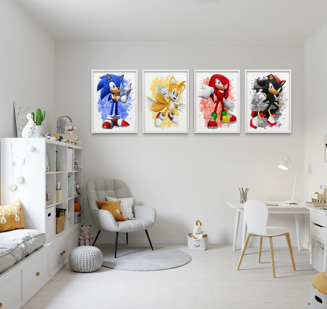 tableaux muraux sonic tails knuckles shadow aquarelle cadre noir bois clair chambre enfant decoration