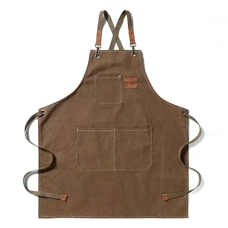 tablier toile coton gris classique poche fermeture boucles métal vintage cuisine chef