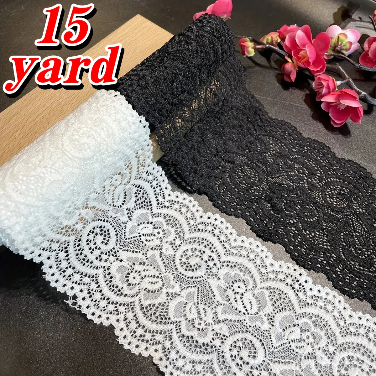 dentelle polyester noire blanche floral 10cm large élastique mariage décoration textile classique