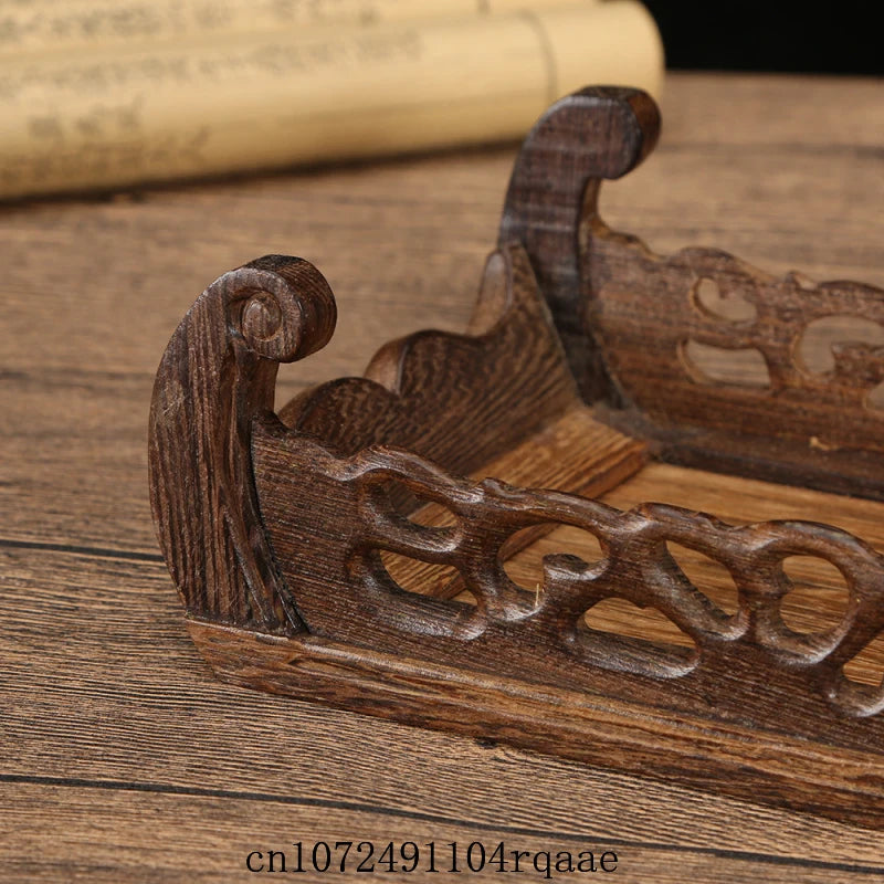 support bois sculpté motifs floraux traditionnel marron foncé objets décoratifs affichage thé