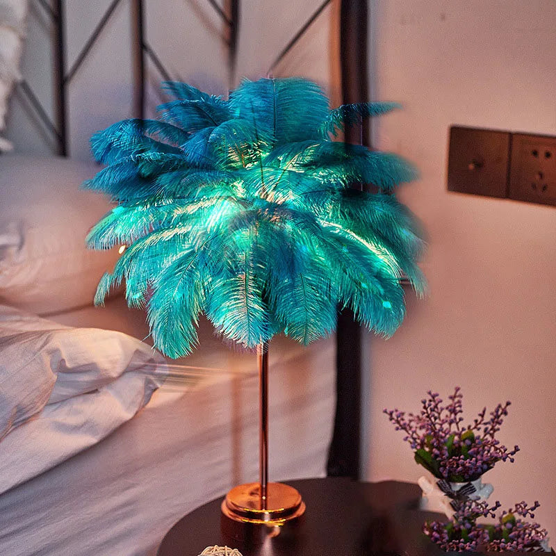 lampe arbre plumes guirlande led rose blanche dorée décoration bohème moderne chambre