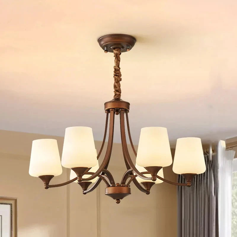 lustre ancien rétro bronze chandelier abatjour opaques traditionnel salon chambre principal