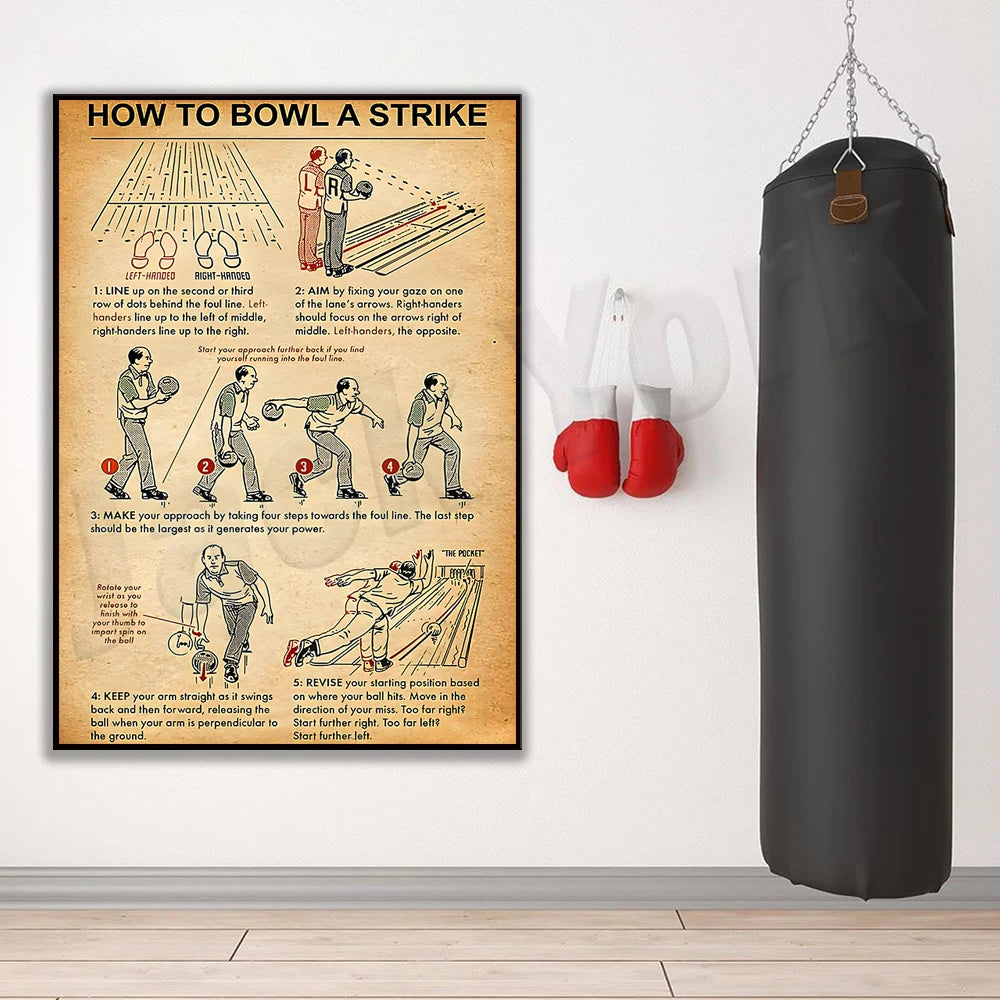 affiche bowling guide débutants illustration vintage texte explicatif toile rectangle vertical