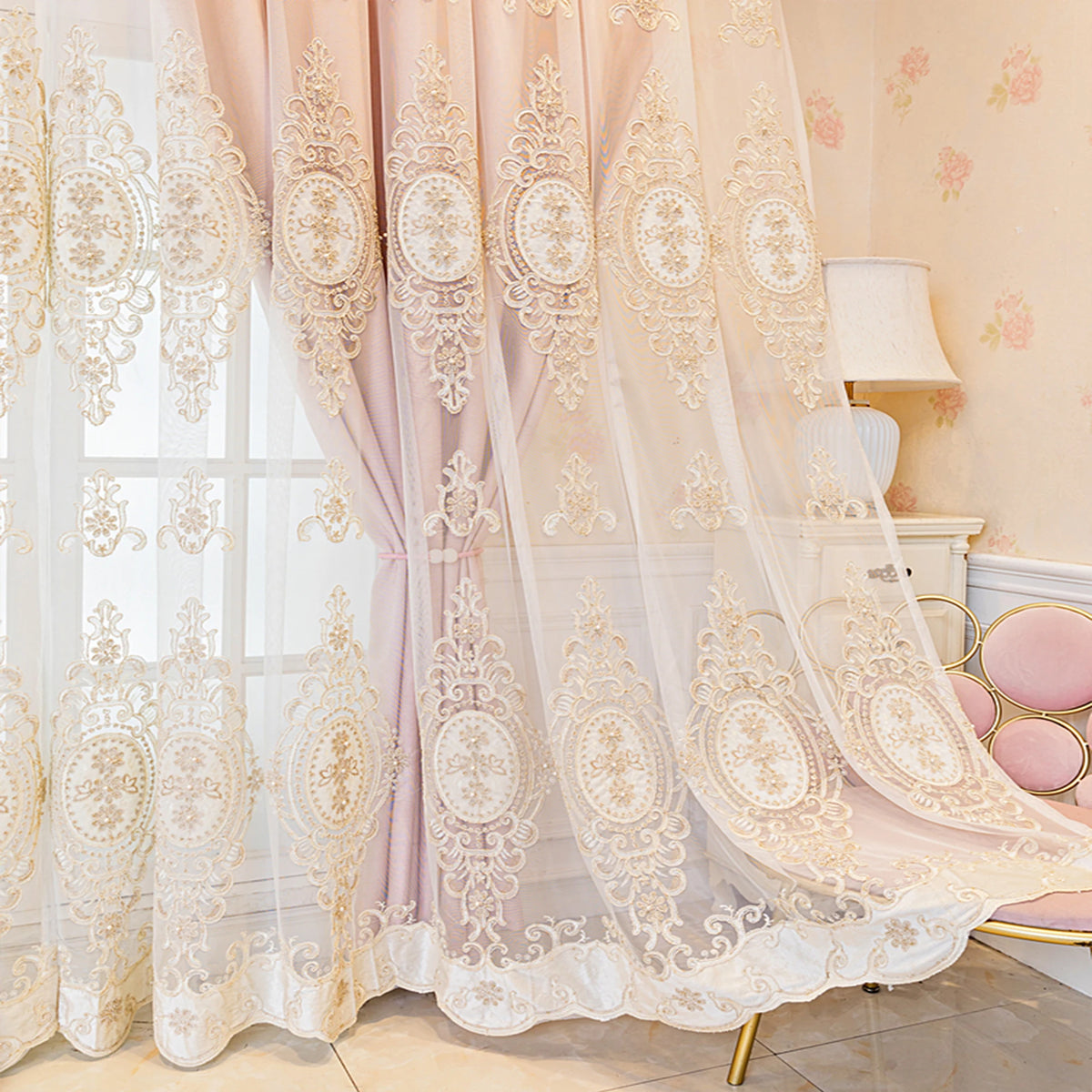 rideau classique rose brodé semi transparent chambre salon polyester