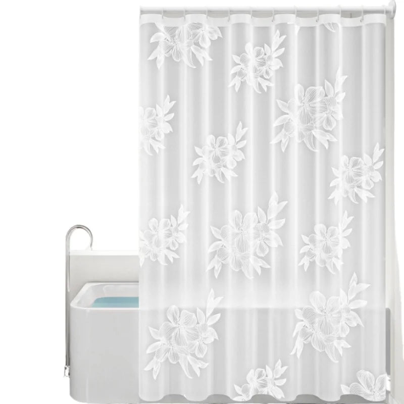 rideau douche blanc floral transparent moderne anneaux suspension 180cm