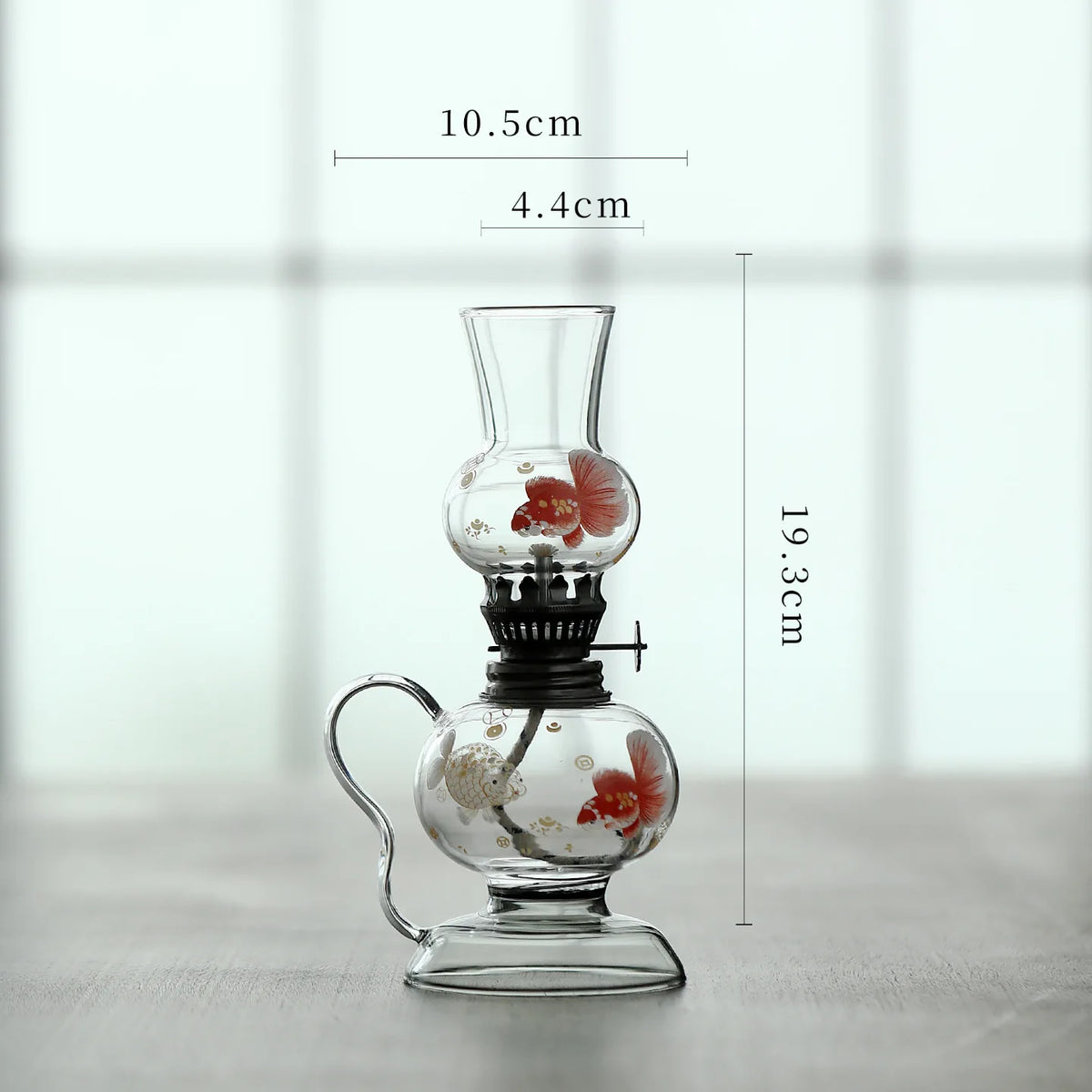 lampe huile verre transparent fleurs rouges blanches poissons dorés classique vintage rouge blanc