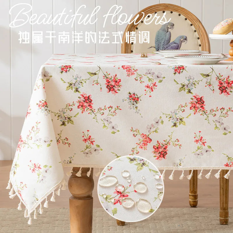 nappe table rectangulaire coton fleurs pompons bordure décorative pastoral maison mariage