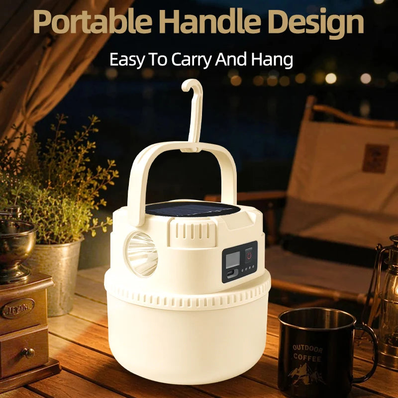 lanterne solaire portable camping led rechargeable fixation poignée écran digital prise type