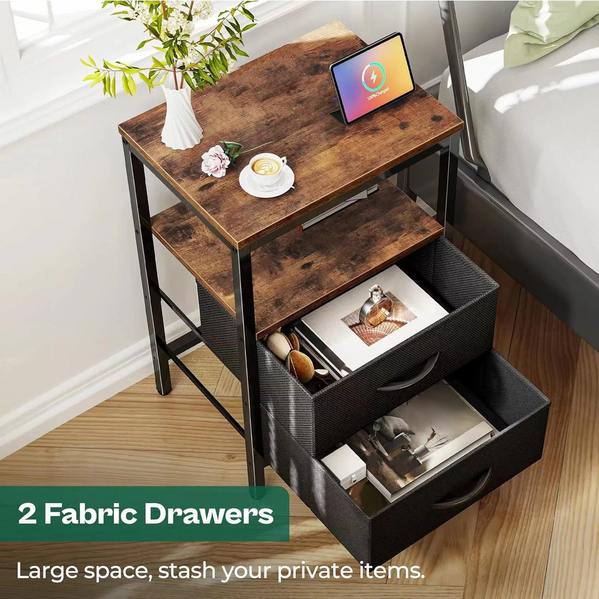 meuble chambre coucher table nuit marron industrielle tiroirs tissu plateaux bois vintage 75x40x30cm
