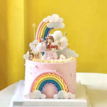 décoration gâteau anniversaire arc ciel étoiles nuages figurines licorne fille étoiles dorées ballons