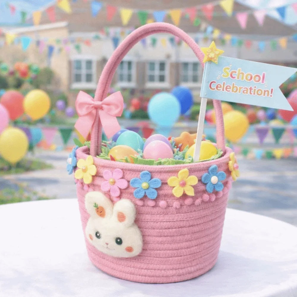 panier tressé réutilisable rose jaune bleu motif lapin festif décoration maison contenants cadeaux pâques