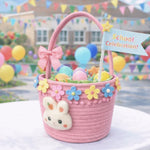 panier tressé réutilisable rose jaune bleu motif lapin festif décoration maison contenants cadeaux pâques