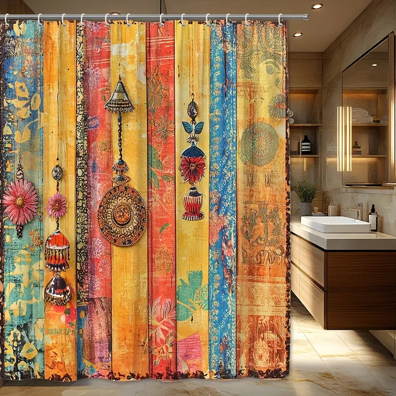 rideau douche boho chic multicolore patchwork floral 180x180cm opacité ethnique