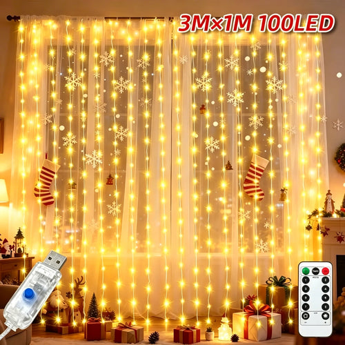 rideau lumineux dorées blanc translucide moderne usb adaptateur clignotement festiveDecoration