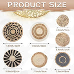 L'image montre différents motifs et tailles de produits ronds en fibre naturelle, tels que des nattes, des dessous-de-plat et des dessous de verre, avec les dimensions correspondantes clairement indiquées.