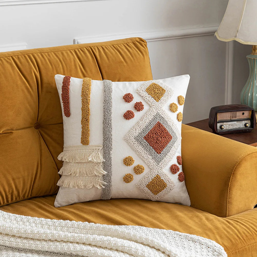 coussin housse amovible lavable motif géométrique brodé moderne opacité zip visible coton polyester verte