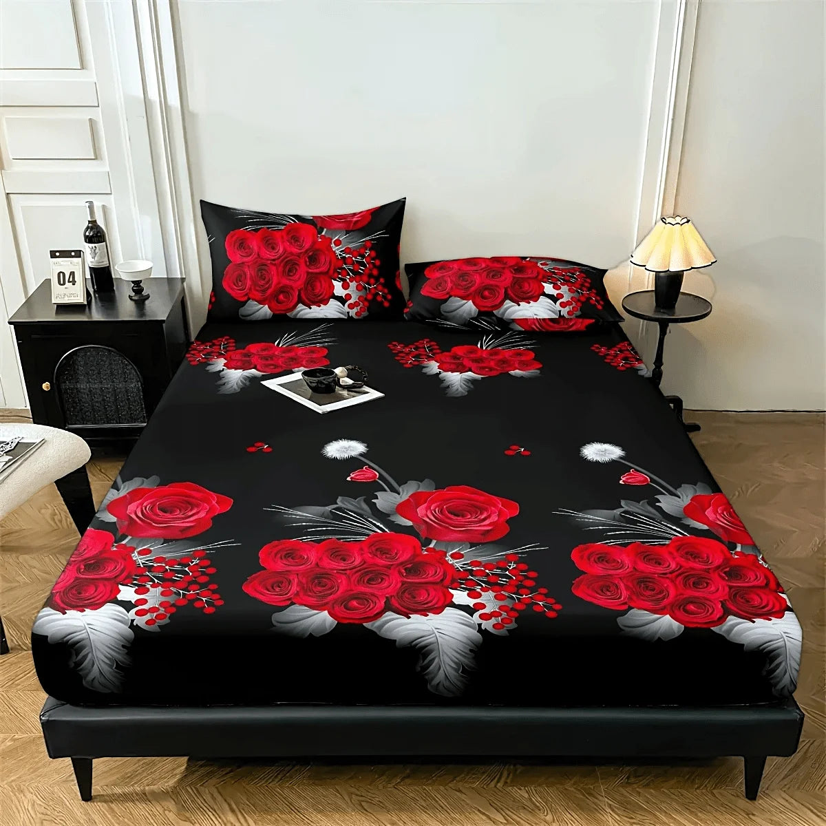 ensemble literie motifs roses noires blanches moderne drap housse taies oreillers