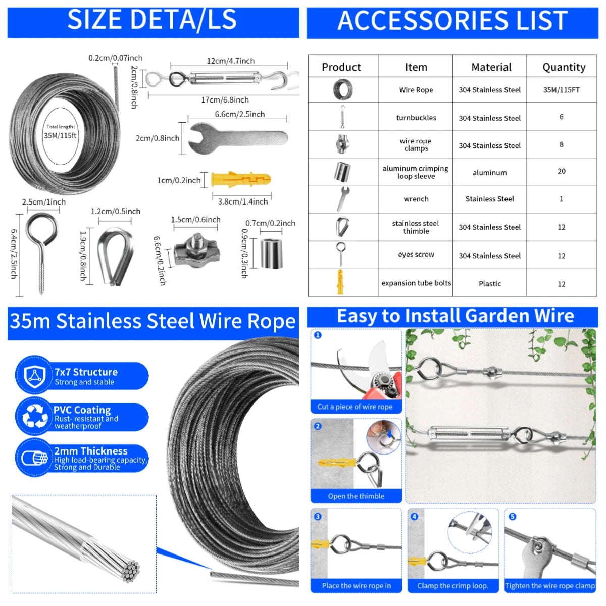 corde ressort argentée lisse industrielle fixations clous expansibles inoxydables jardin plantation abri