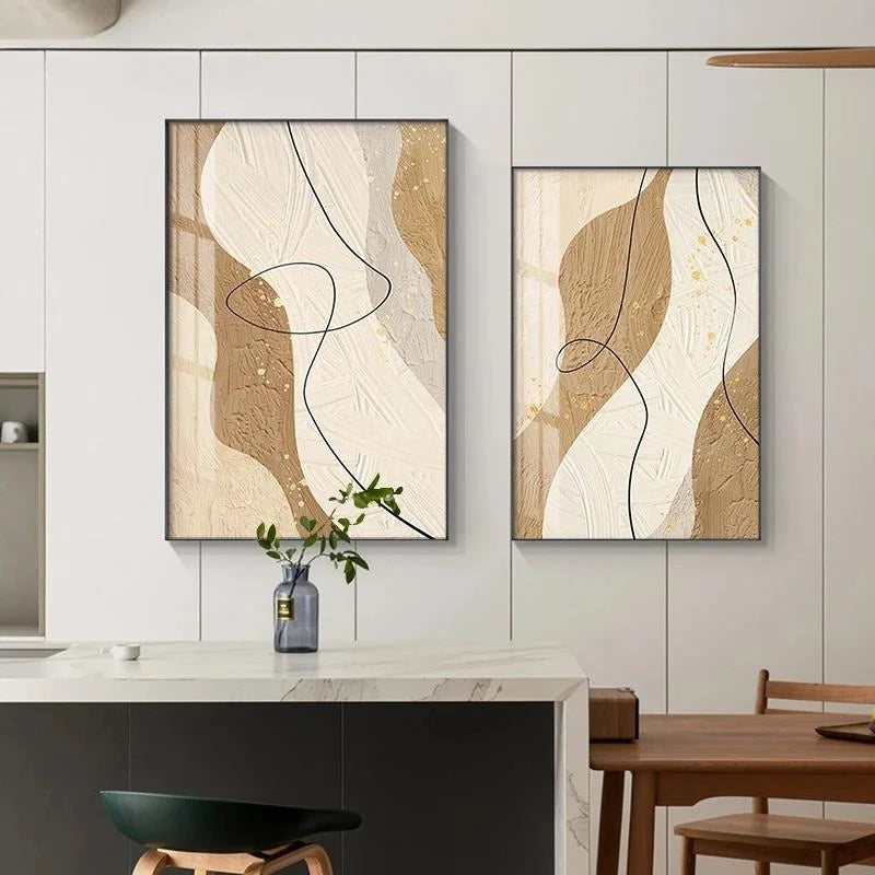 tableau abstrait moderne minimaliste toile points dorés lignes courbes beige blanc noirintérieur décoration chambre
