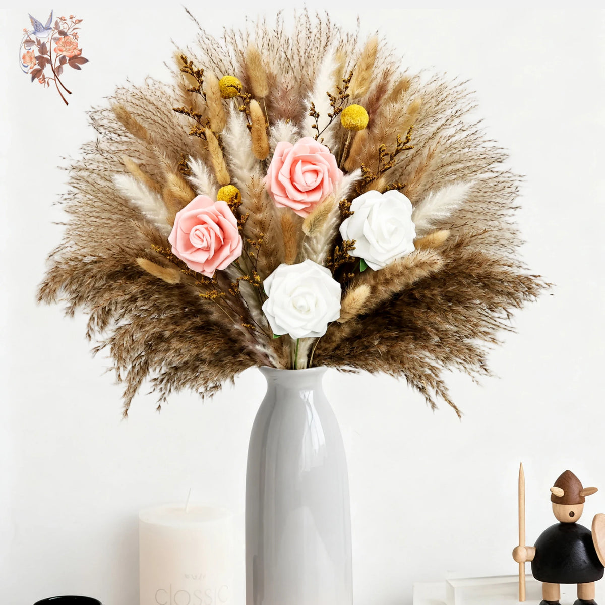 bouquets fleurs séchées dorées roses blancs feuilles pampas nature decoration maison anniversaire mariage