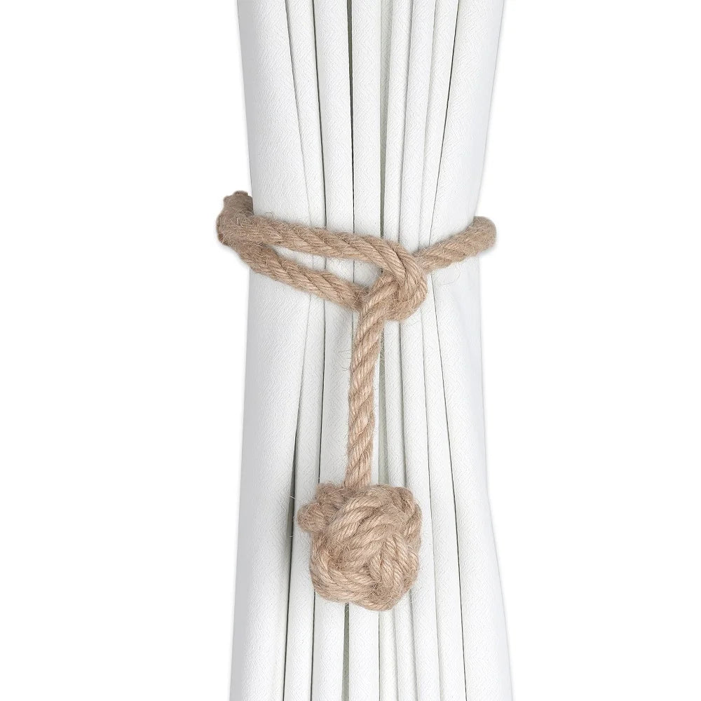 rideaux moderne bleu blanc corde nouée pompon coton chanvre uni opaques 60cm