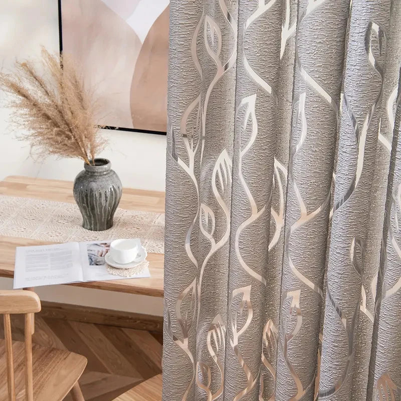 rideau moderne gris motif feuilles polyester fenêtre decoration