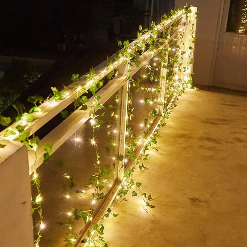 feuilles artificielles guirlande lumineuse solaire extérieur decoration mur pergola lumière led verte jaune
