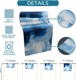 Housse de protection bleue et blanche avec différentes tailles suspendues, montrant les détails de sa haute densité, de sa couleur vive et de son lavage en machine.