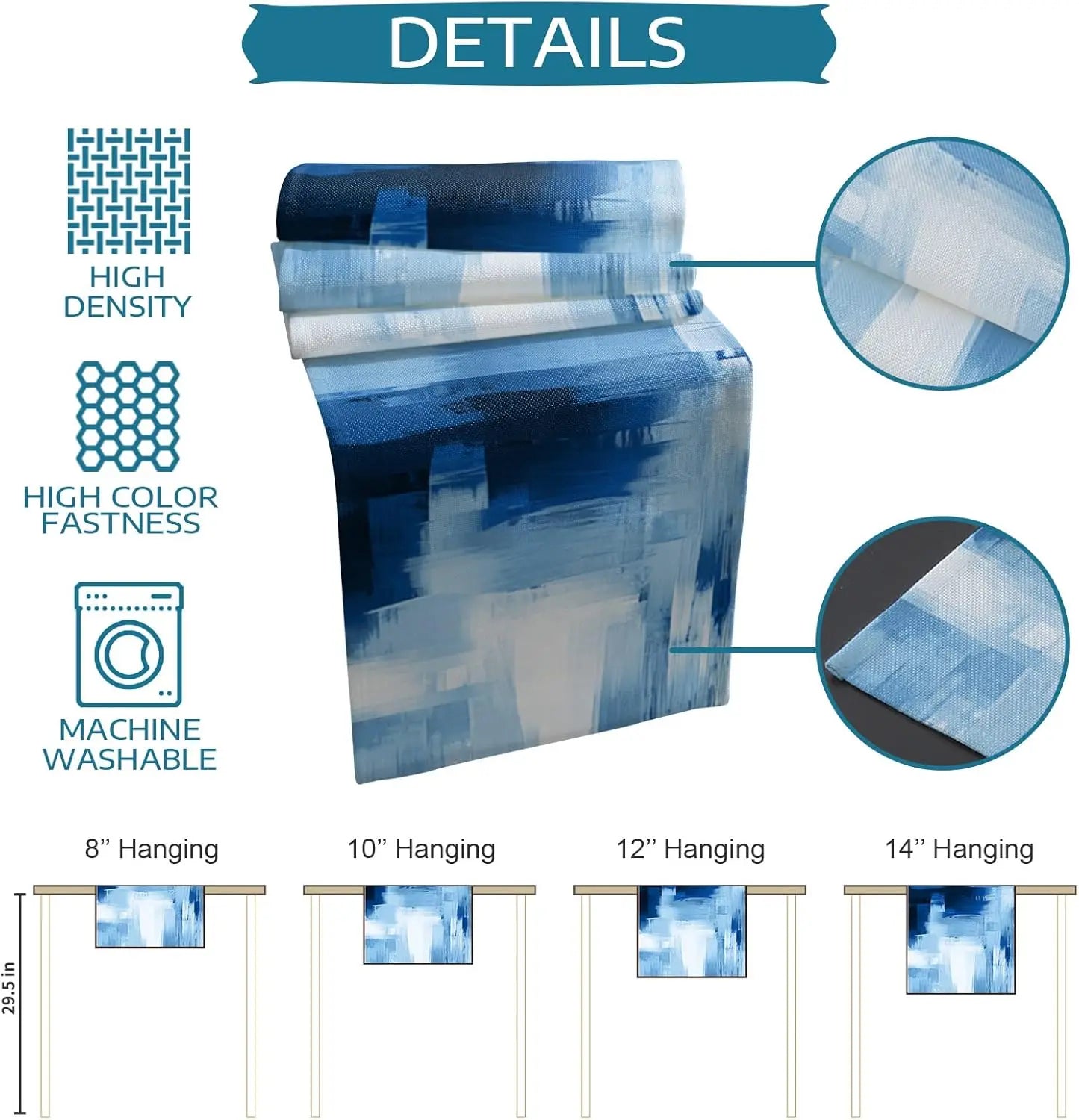 Housse de protection bleue et blanche avec différentes tailles suspendues, montrant les détails de sa haute densité, de sa couleur vive et de son lavage en machine.