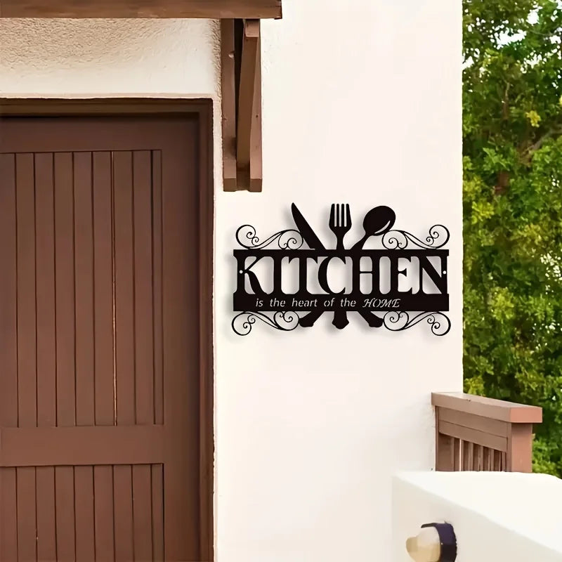 plaque murale décorative moderne artisanale lettres kitchen cœur maison motifs floraux fourchette adhésive noire