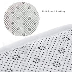 Un motif à points et fleurs blanches et noires sur un fond blanc avec l'indication "Skid-Proof Backing" indiquant la nature antidérapante du produit.
