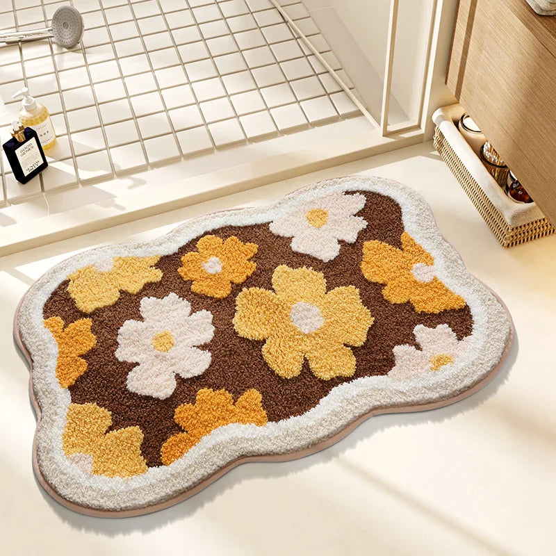 tapis bain fleurs tournesols marguerites blanc jaune vert marron texturé imperméable résistant décoloration