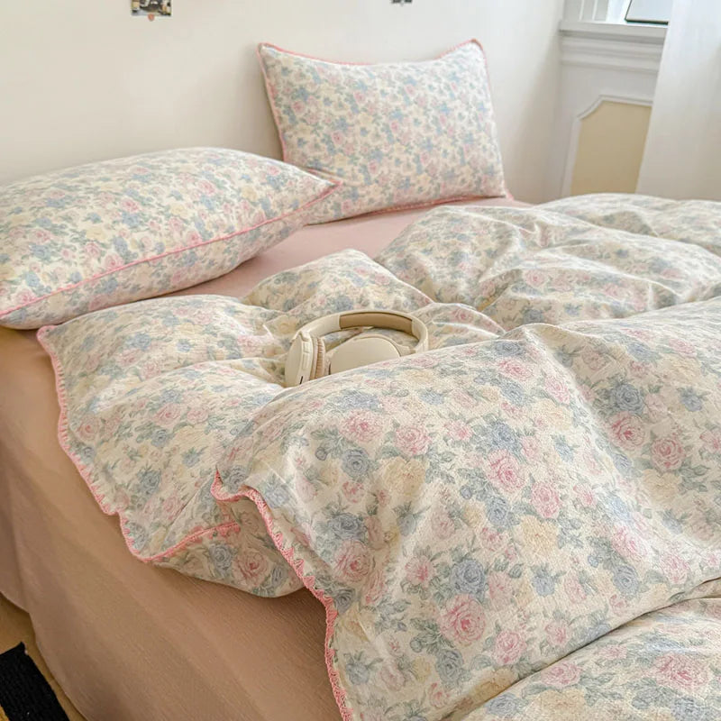 drap housse coton floral vintage motif fleuri couverture lit taies oreillers beige clair 180x220cm