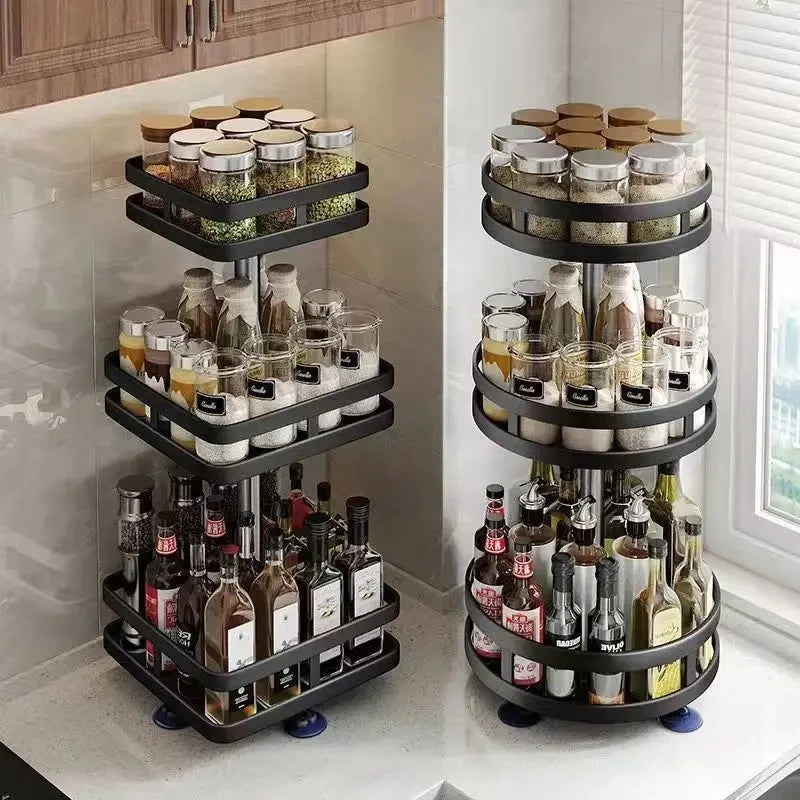 étagère rotative épices bouteilles noir structure métallique moderne respectueux environnement silicone suction cups