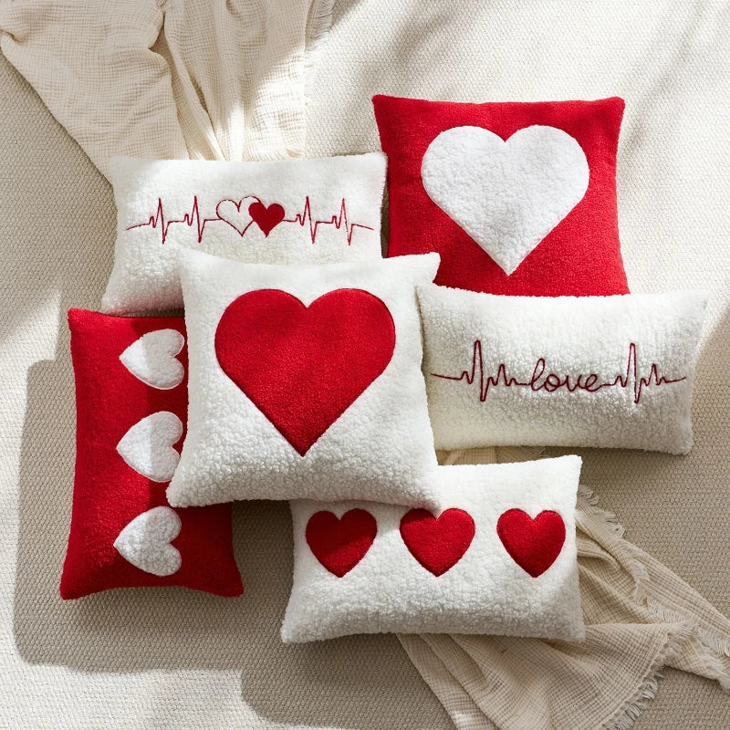 housse coussin brodée cœur blanc rouge décoration maison voiture nordique polyester coton fixations doux