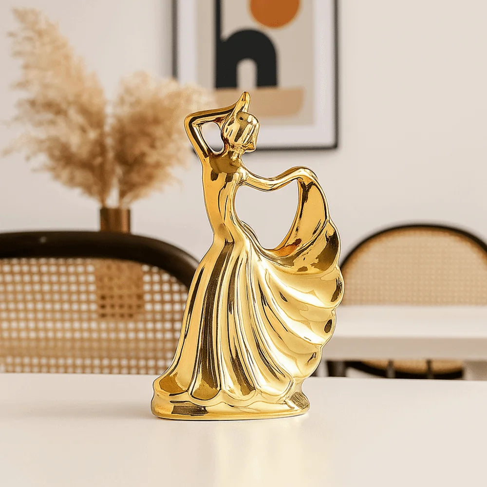 statue décorative femme dansante or argenté céramique email finition polie moderne élégante intérieur 22cm