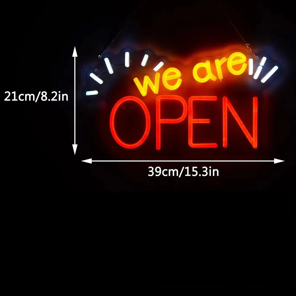 enseigne néon lumineuse WE ARE Open rose jaune bleu blanc moderne chaîne suspension câble