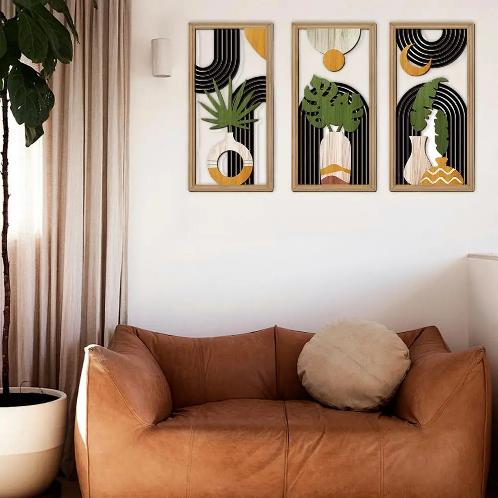panneaux decoratifs bois clair geometrie feuilles palmier boheme moderne minimalist arcs formes abstraites