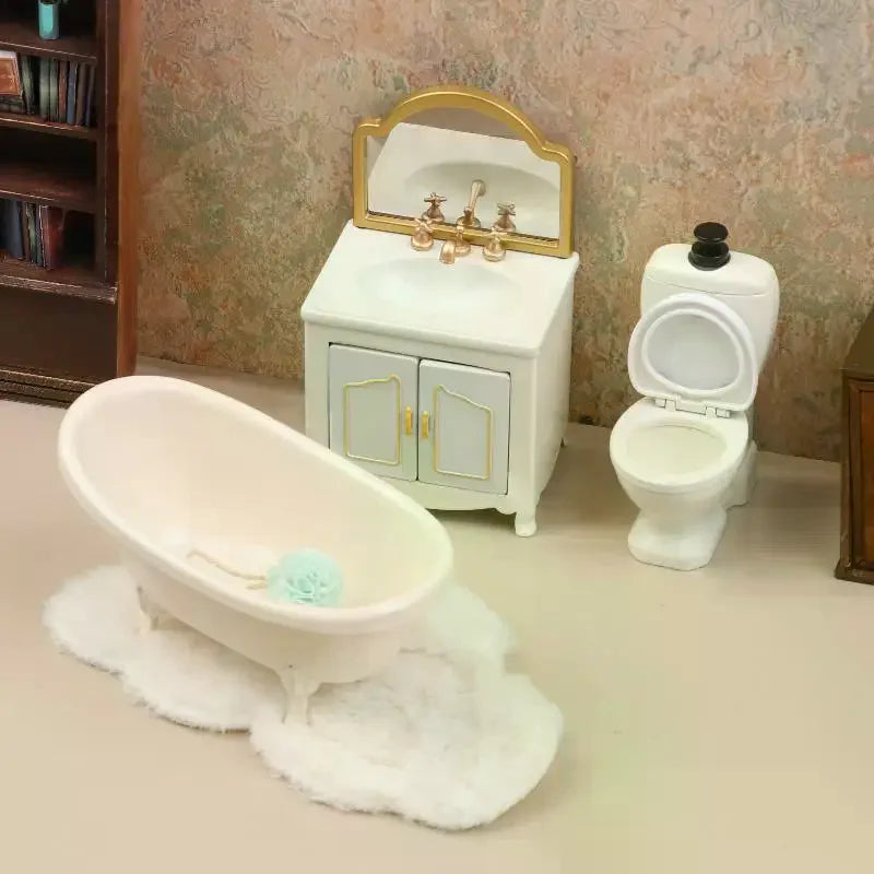 accessoires poupées meubles salle bain miniature blanc classique vasque miroir toilette tapis bain