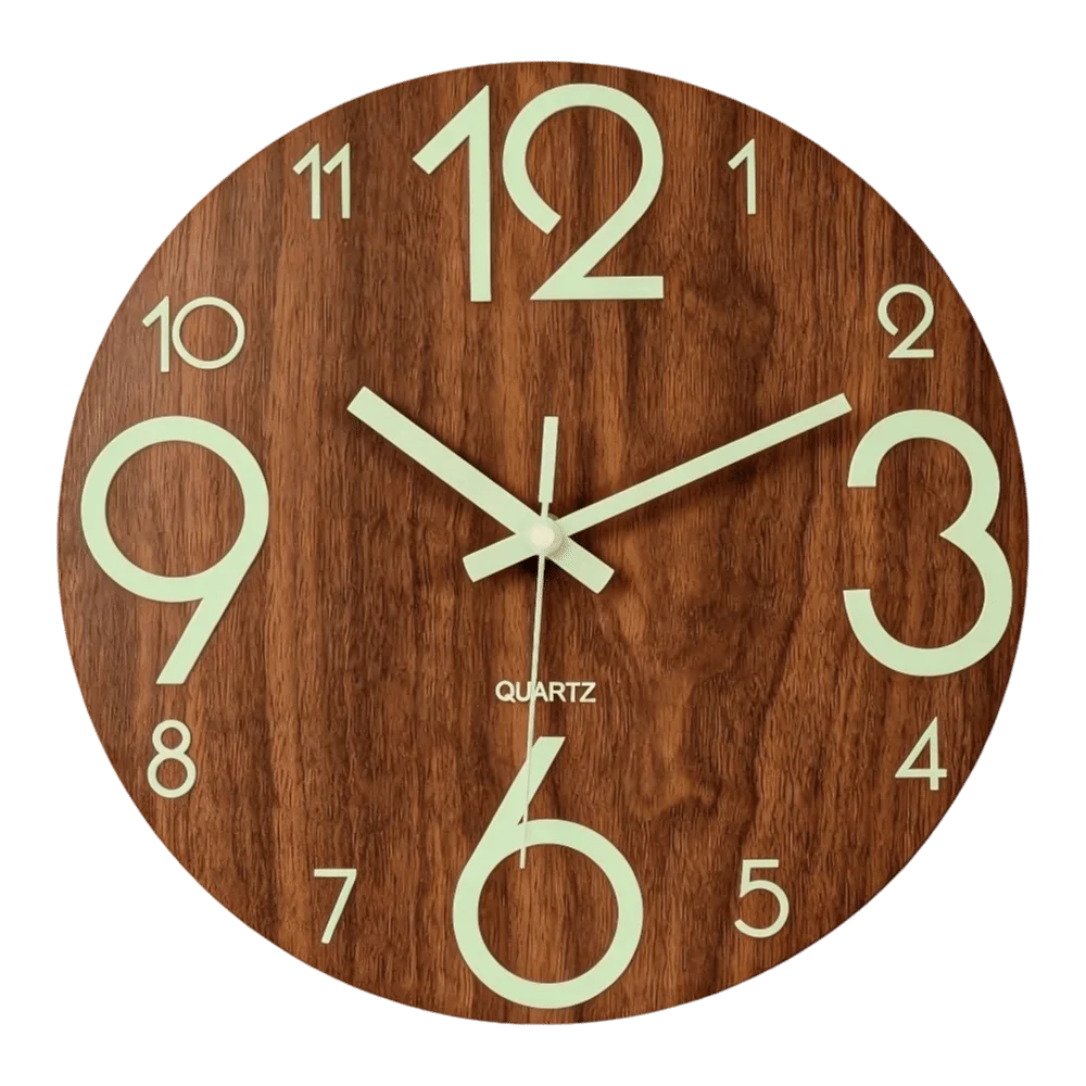 horloge murale moderne bois foncé chiffres blancs texture naturelle pouces facile lecture quartz salon