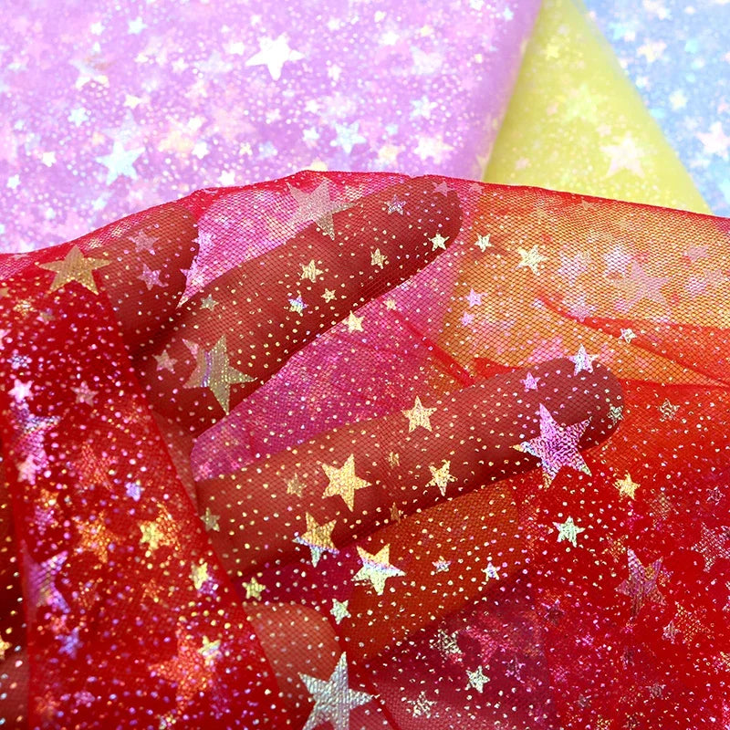 tissu translucide étoiles dorées paillettes violet vert bleu rouge rose blanc décoration événementiel bricolage