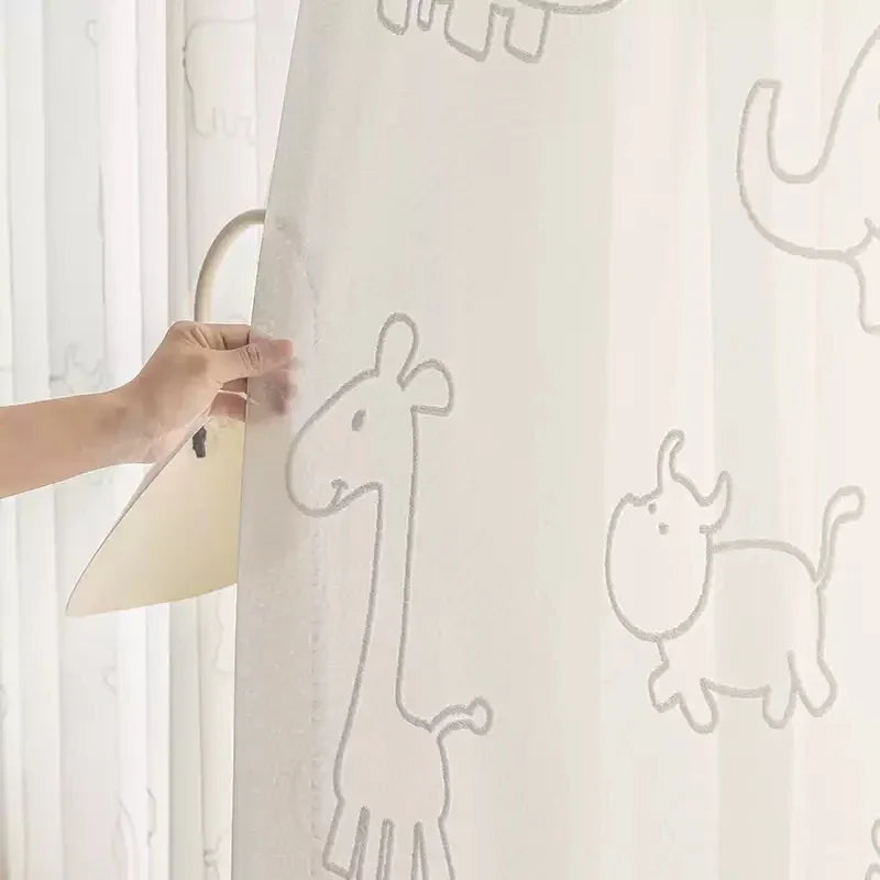 rideau moderne dessins animaux enfants translucide polyester beige anneaux métalliques chambre fille garçon