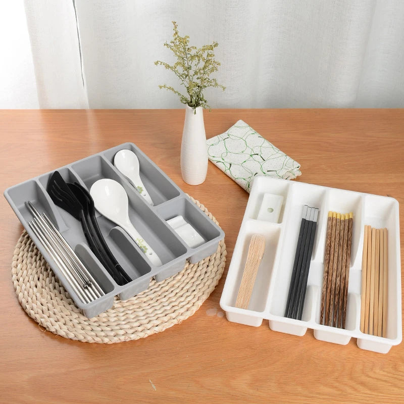 organisateur couverts gris moderne vaisselle rangement fourchettes cuillères baguettes soupe dessert cuisine