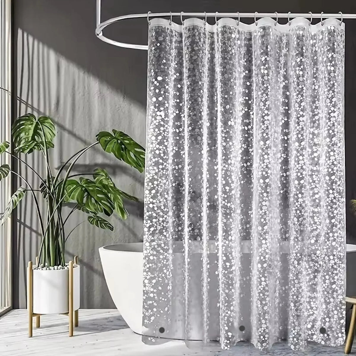 rideau douche transparent moderne texture gaufre motifs ronds gris blanc aimants moderne