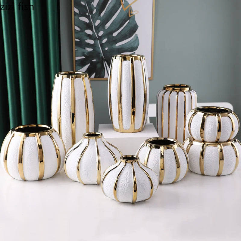 vases céramique moderne blanc doré texture rugueuse ligne élégant fleurs