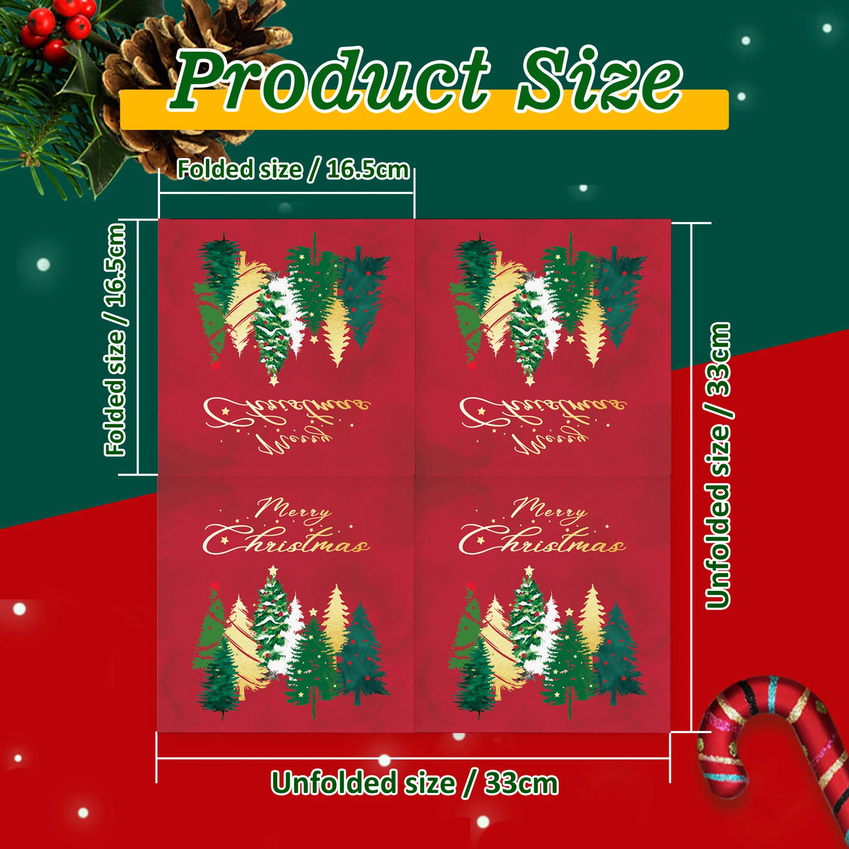 serviettes table noël rouge vert doré motif sapins merry christmas festives jetables pack 20pcs