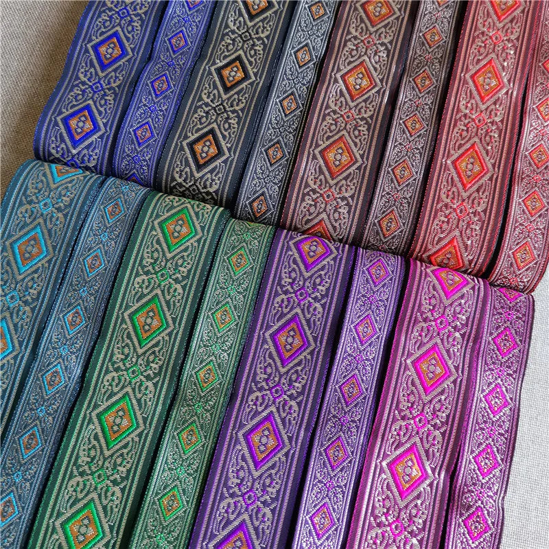 ruban décoratif polyester largeur 2cm bleu vert violet gris marron rose motif géométrique floral