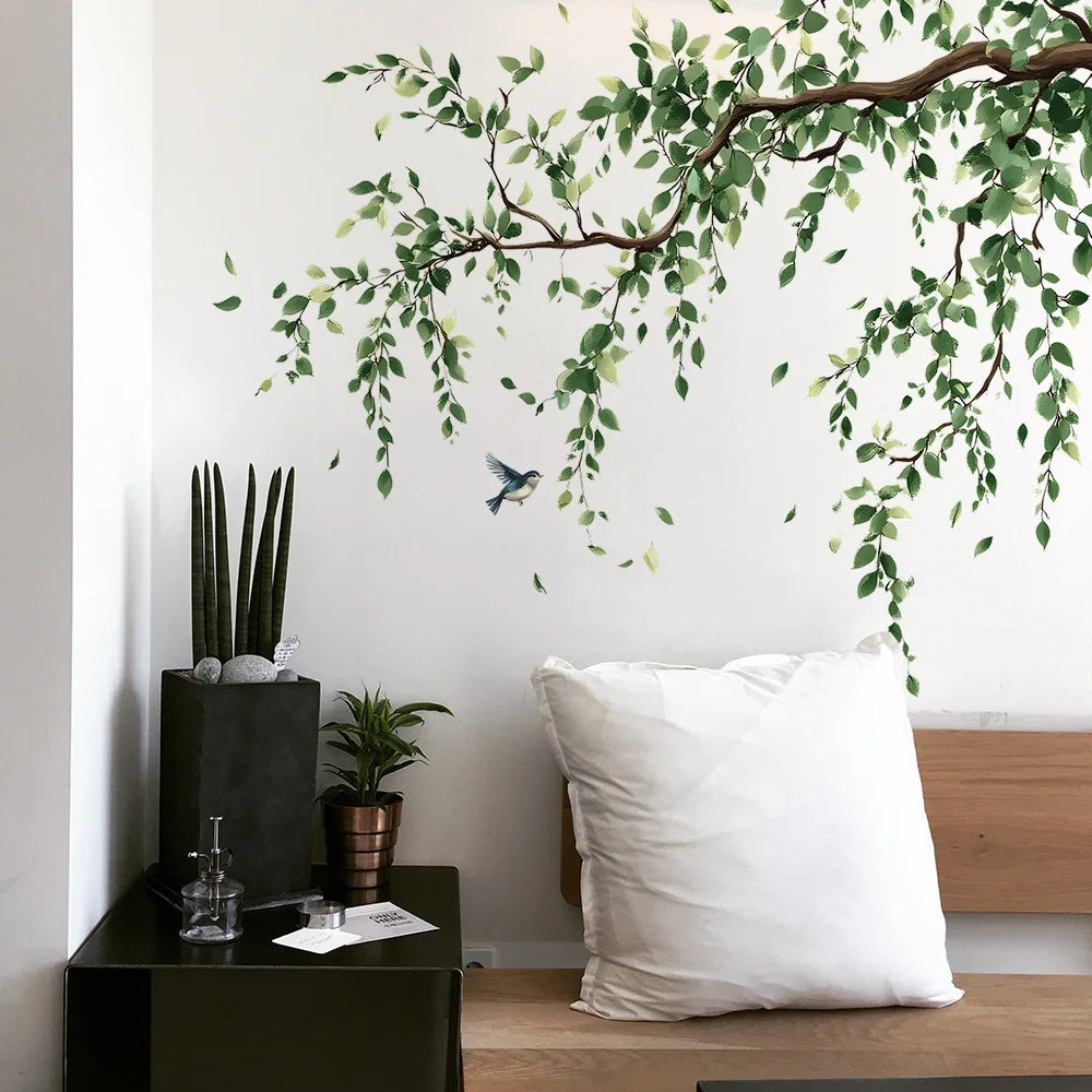 sticker mural feuillage oiseau vert brun naturel adhésif salon chambre décoration amovible fond