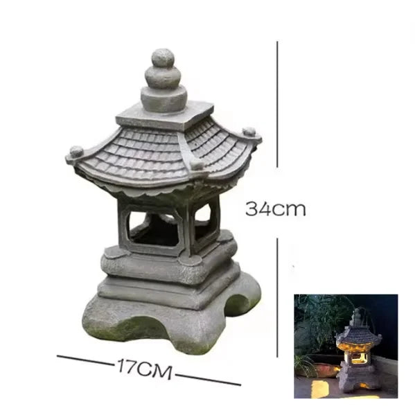 lanterne traditionnelle gris texture granitée détails sculptés japonais lampe led base graniteextérieur jardin